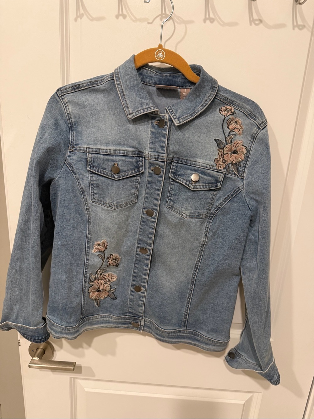 Chico’s Embroidered Light Blue Denim Jacket for Women